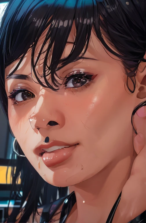 (masterpiece:1.3), (8k, Realistic, RAW Photos, highest quality: 1.4), Absurd, Charm, Ultra-high resolution, Ultra-realistic, Very detailed, Golden Ratio, (Realistic), (Best Shadow), Low contrast, (Complex:1.4), Side lighting, 8K, Beautiful Face, (Realistic Face), Beautiful hairstyle, Realistic eyes, Beautiful fine details, (Realistic Skin), Beautiful Skin, (One girl), ((Letitia Wright, BLACK PANTHER)), (Accurate hand and finger depiction), Black Panther Woman, (Black Hair, Berry Short:1.4), (Frowning), ((Cross-eyed, Moist eyes)), ((Mouth open:1.3)),(Shame:1.2), (Flushing), (Sweat), NSFW ((fellatio)), ((Kiss Penis:1.3)), (Blowjob face), deep throat, ((cum on face:1.3)), (cum on mouth:1.2), BREAK ((1 Black Male, 1 Brown penis:1.2)), real penis, (projectile cum:1.2, excessive cum:1.3), ((Bust Shot:1.2))
