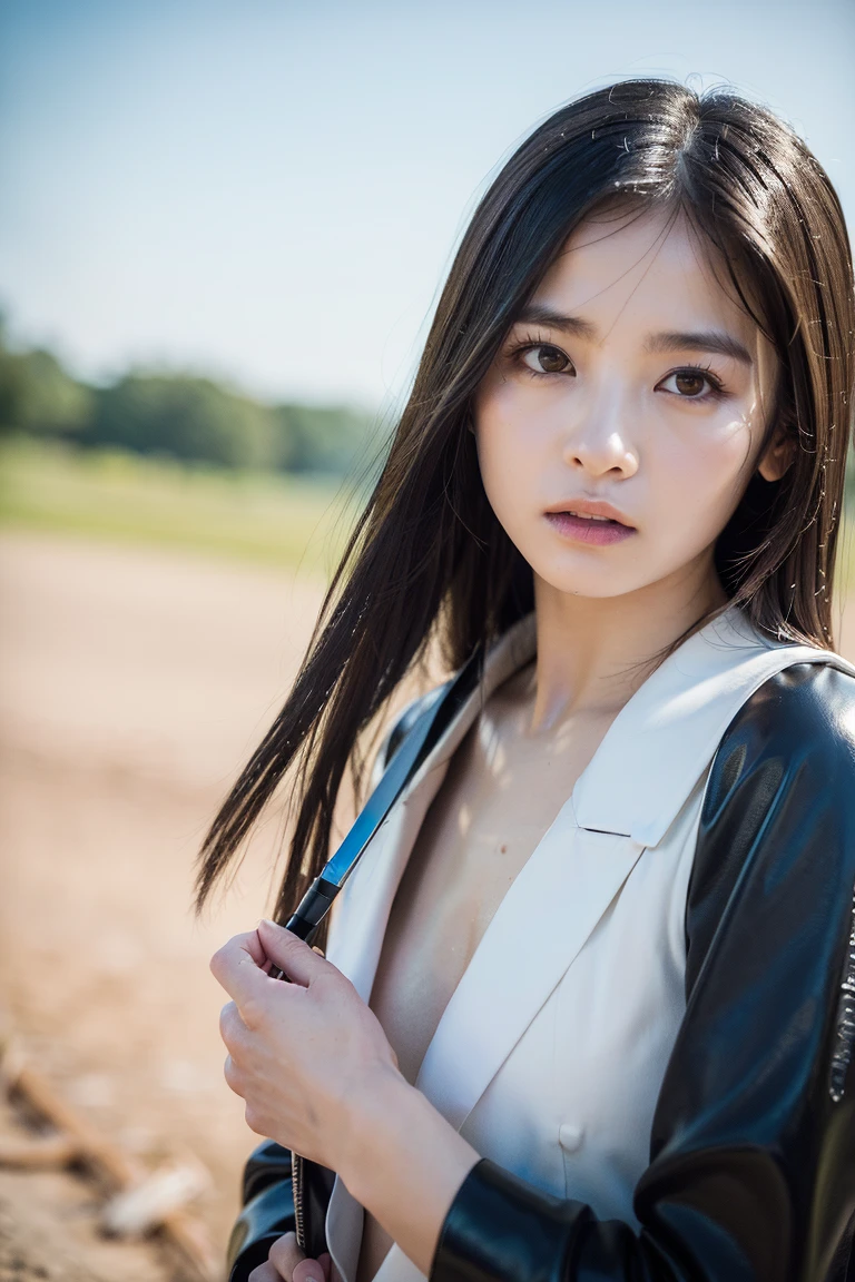 1人の女性、Korea person、Korean Beauty、leather jackets、corsets、a choker、Crotch chuck、intricate detailes、hightquality、(High class:1.4)、super realistic 8K、face perfect、Perfect、clean、​masterpiece、Professional artwork、famousartwork、face perfect、Beautiful expression、beautidful eyes、short dark hair、wetting hair、very Bigger breasts、clothes shiny、model poses、Ultra-realistic 4K、Top image quality、natural park background