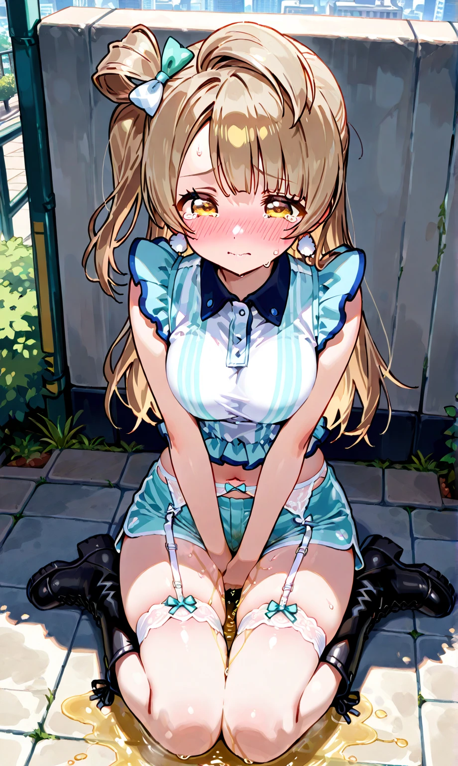 Lewdな女学生、((13才のGirlの自慰))、field、garden、grass((NSfW Vibrator Inserted and Vibrated))、Ahegao、pleasure、Climax、Agony、Lewd、Ecstatic expression、童顔で幼いGirl、((Love juices are dripping down her thighs、No pussy juice々leak))バイブの刺激にAgonyしイク、Drunken eyes、((A young with a baby face、Lower grades of elementary ))Long twin tails、Blue ribbon、Brown Hair、Soft Hair、Elementary school girl 、(Angle from below)