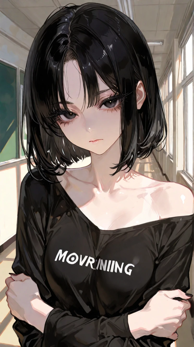 masterpiece,8K,Super detailed,best quality, (1 girl,alone), (long black hair,Straight Hair,Air bangs), (innocent,Big blue eyes like diamonds), (Medium large, fair skin), (Wearing a simple white shirt, Black panties, To show your thighs), (Has black leather collar), (Facing the audience, Stand Up Straight), (The expression looks shy, but with a smile, ), (light black background, Center the character)