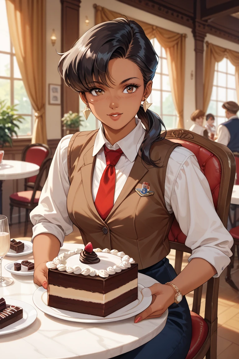 Create a white woman, brown short hair, wearing a dark blazer, middle-aged in a luxurious cafe