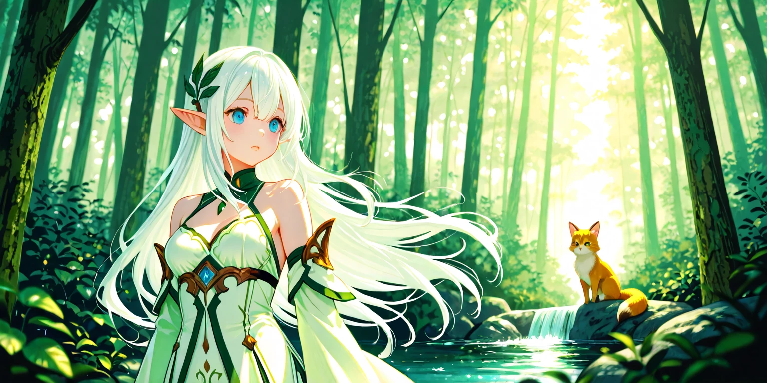 A girl in a white dress sits on a tree branch, beautiful fantasy anime, Anime fantasy illustration, 2. 5 D CGI anime fantasy artwork, character art of maple story, Anime fantasy artwork, alluring elf princess knight, Detailed key anime art, mmorpg fantasy, fey queen of the summer forest, anime in fantasy style, fantasy mmo, elf forest background, Fantasy anime
