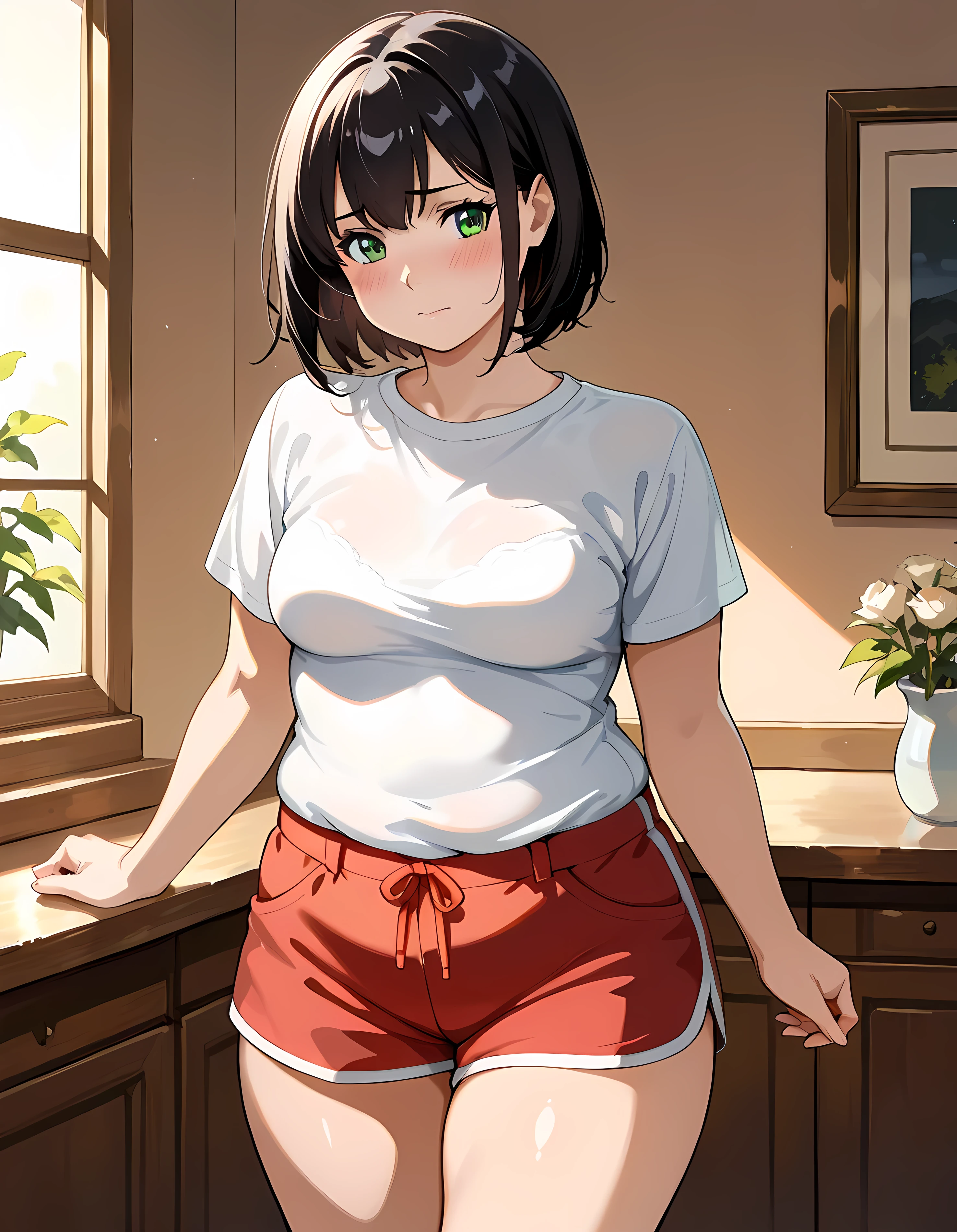 masterpiece, best quality, high resolution, very detailed about trends, full hd, semirealist, 8k, solo, intimate and cozy atmosphere. Anime style, high-quality detailed art, soft colors, soft shadows, warm night glow. High detail, ultra quality, 4k, detailed background, realistic shading, square,high detail, ultra quality, 4k, detailed background, anime-style illustration, Voluptuous MILF, mother of {{user}}'s best friend. perfecteyes, Veronica, She is short and chubby, has black hair, green eyes, blush, uncomfortable, medium breasts,red shorts that highlight her thighs, soft lighting, high quality, detailed shading, clean lineart