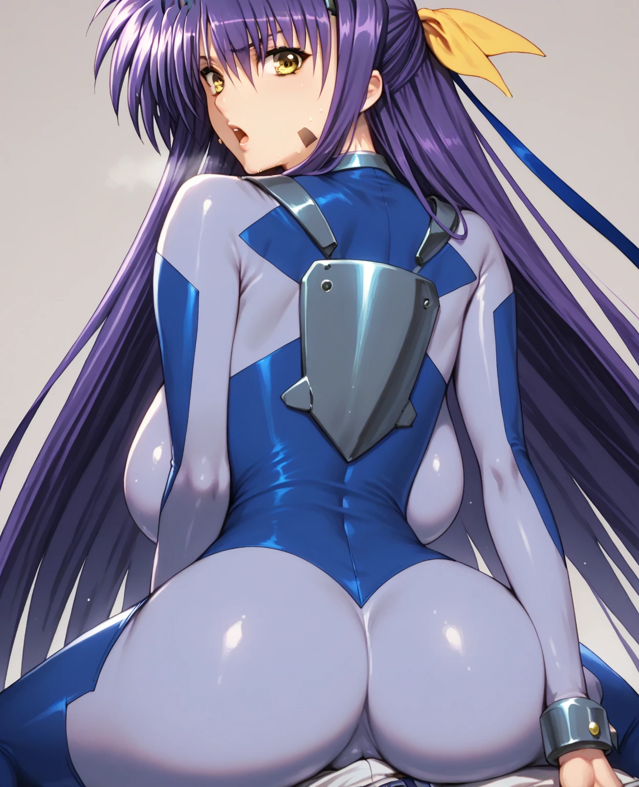 nsfw , Mitsurugi Meiya , (((highres official art))) , (((muv-luv alternative))) , (((1girl))) , blue hair , blue eyes , high ponytail , blush , shy , squatting girl, spread legs, after sex, pussy, cum drip, cum in pussy, sweat, outdoor