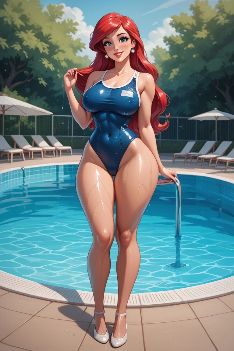 Girl with lipedema diving in a pool overlooking the ocean, with black swimsuit and red hair