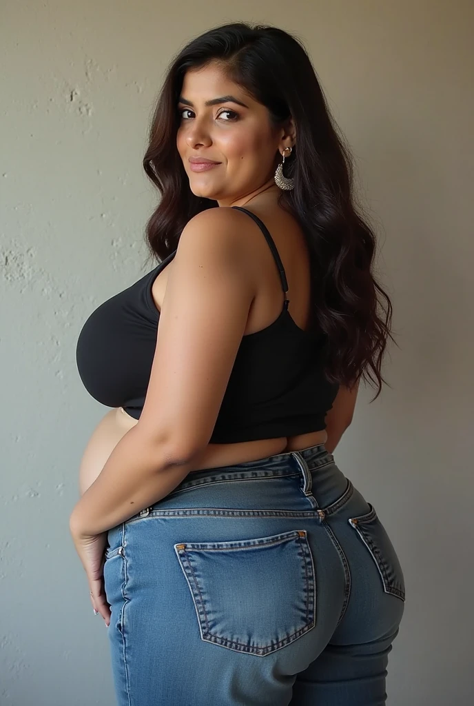 work of art, very beautiful 40 year old fat white woman with big plus size belly, wavy black hair, Wearing jeans, perverted and bold look, eyes browns, very big tits, She wears a teacher&#39;s coat, she is in a classroom, (fotorrealism: 1.4), (skin texture), boldness and sensuality must be emphasized, because she knows she is a desired woman.