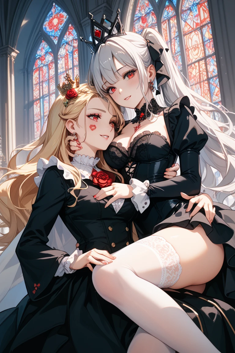 hair covering one eye,off-shoulder,belt,legbelt,choker,high heels,large breasts,deep kiss,hug,