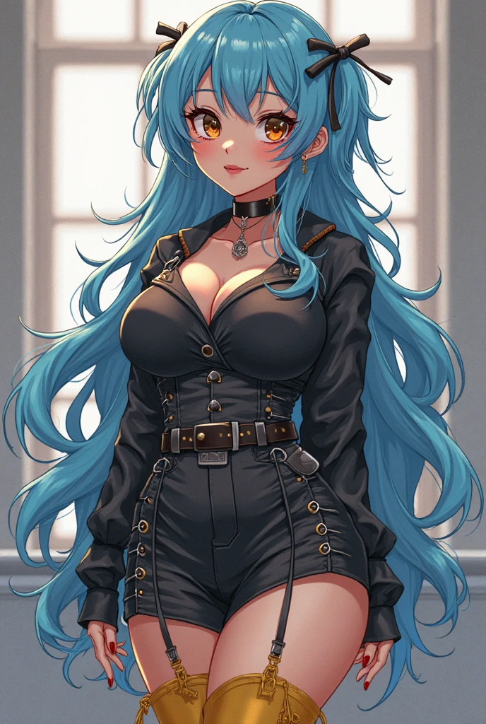 Jinx, long blue hair with two braids, plaid black top,