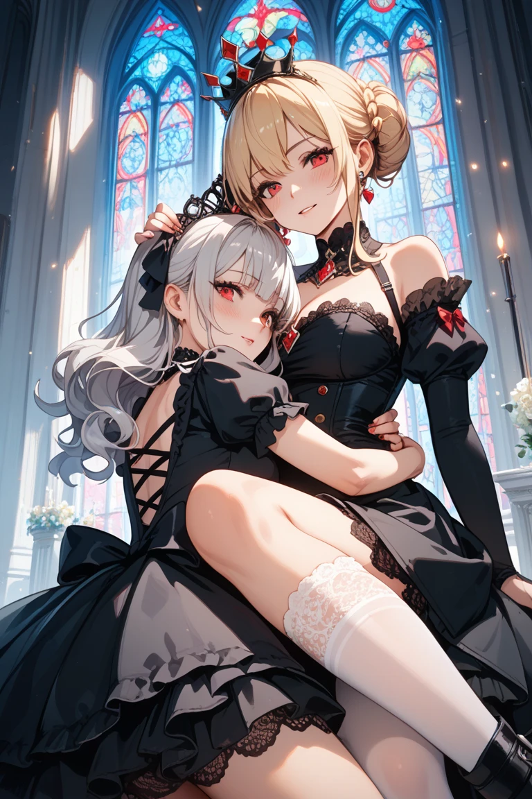 NSFW,Fantasy, 2 Girl, Crotch, cottage, ((White skin)), White blonde hair, Red Eyes, Small breasts,(Beautiful and slender:1.2),Very delicate body, bob cuts, (masutepiece, Best Quality), sidelightning, Beautiful detailed eyes, Shy look, (Shibari, desecration,Slave collars:1.4), lyin in bed, Two maids, go mad, Open mouth, (Heavy breathing, blush:1.3), Sweat,(BDSM:1.2),