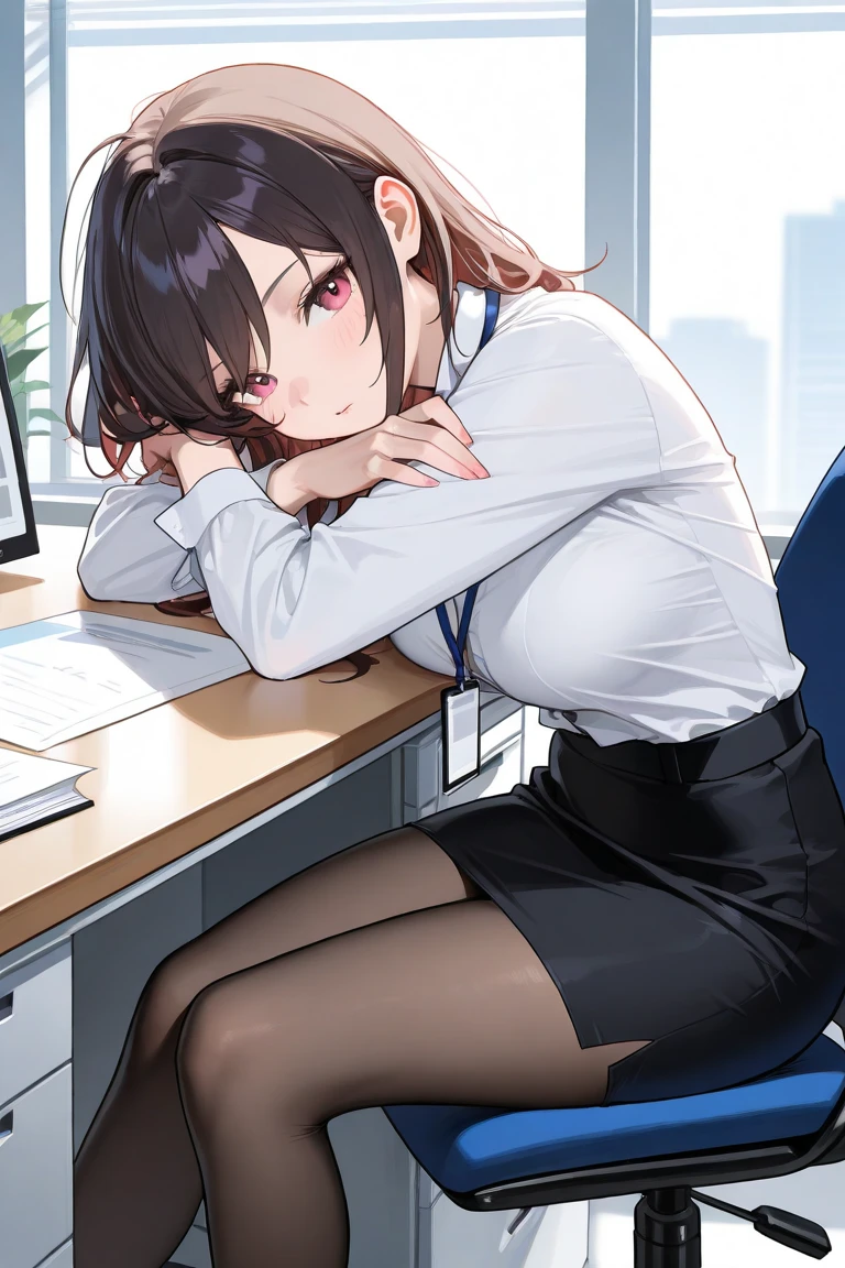 (1 person、alone), Beautiful woman, ((Anatomically perfect body)), Slender、(OL, office lady)、(Short sleeve blouse、vest、Pencil Skirt)、 (Look down, face down:1.1)、 years old、(Highest quality)、Black Hair, (half updo:1.2), (Sit on a chair)、(Inner thighs), (office)、(8K, High resolution)、(shy:1.4)、small breast, (steam:1.1), (embarrassed:1.3)、High definition face、(Pussy juice:1.1), (Hug your chest), High heels,  (Thin legs)