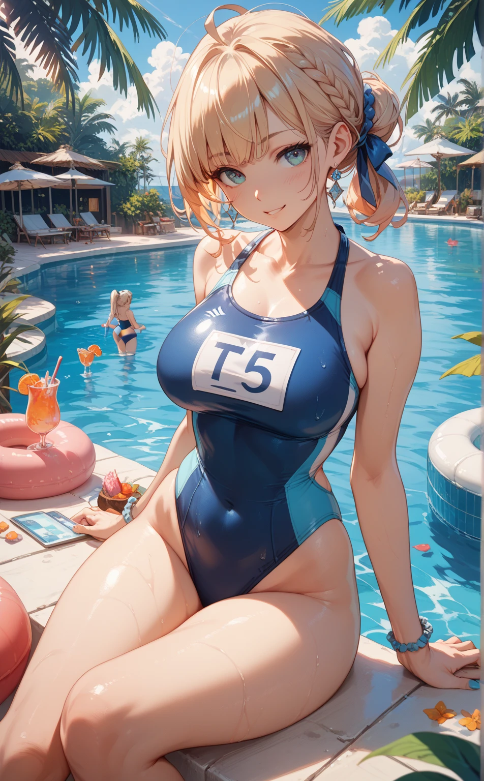 Anime Kawaii sexy Perfect Slim sensual body large breast and huge thighs, An intricate and highly detailed illustration of anime (Young girl) Highest quality、masterpiece、(1 adult female:1.3)、(Soft bust:1.2)、nature 、Girl in competitive swimsuit,beautiful,smile,Pool,Tempting,((Looking at the audience)、Textured skin、(smile)、blush、(Blue summer sky:1.3),(Beautiful background of beach pool:1.3)