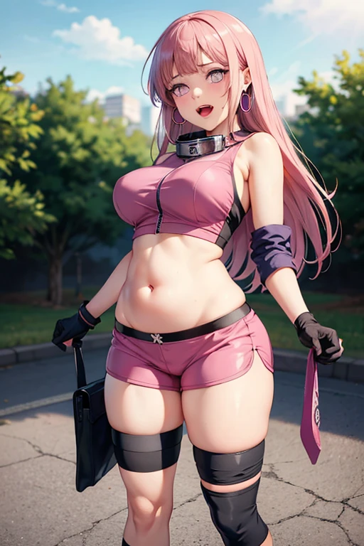 (Meisterwerk, runden_Iris, extremely crisp crystalline shiny purple Augen, perfekt_Anatomie, extremely_Fesselnd_hypnotisch_Mystiker_Augen, ) perfekt face, langes, babyrosa Haar, Smiling Evil, big , Leggins tragen, wearing a soft pink bra, Tragen einer offenen Jacke, sexy dynamische Pose, Joggen im Freien, park backgrunden, best quality