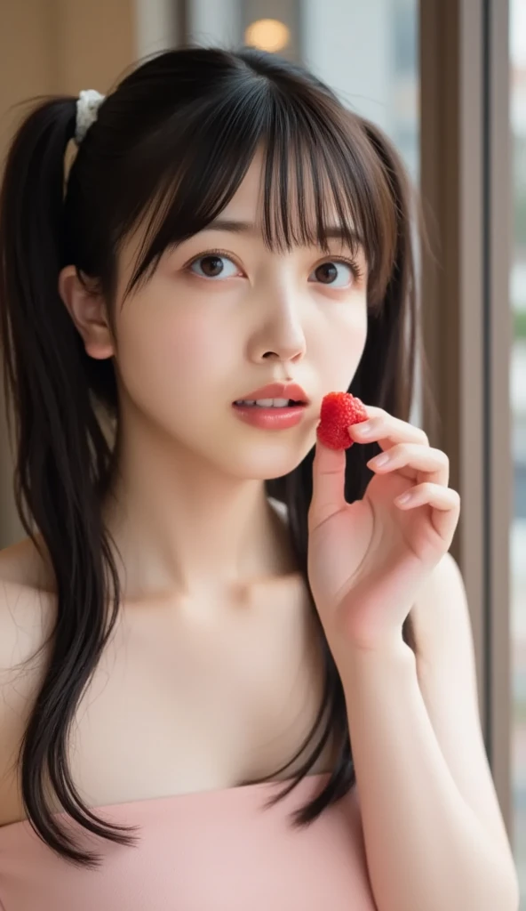Beautiful and detailed in the dormitory、Full body portrait、Photographed from directly above the center of the front of the body、Close up her、Lying on a silver tray、Lying on your back)、(????? and covered with strawberries、Cover your nipples with strawberries)、Mid-chest、、8k、、masterpiece、