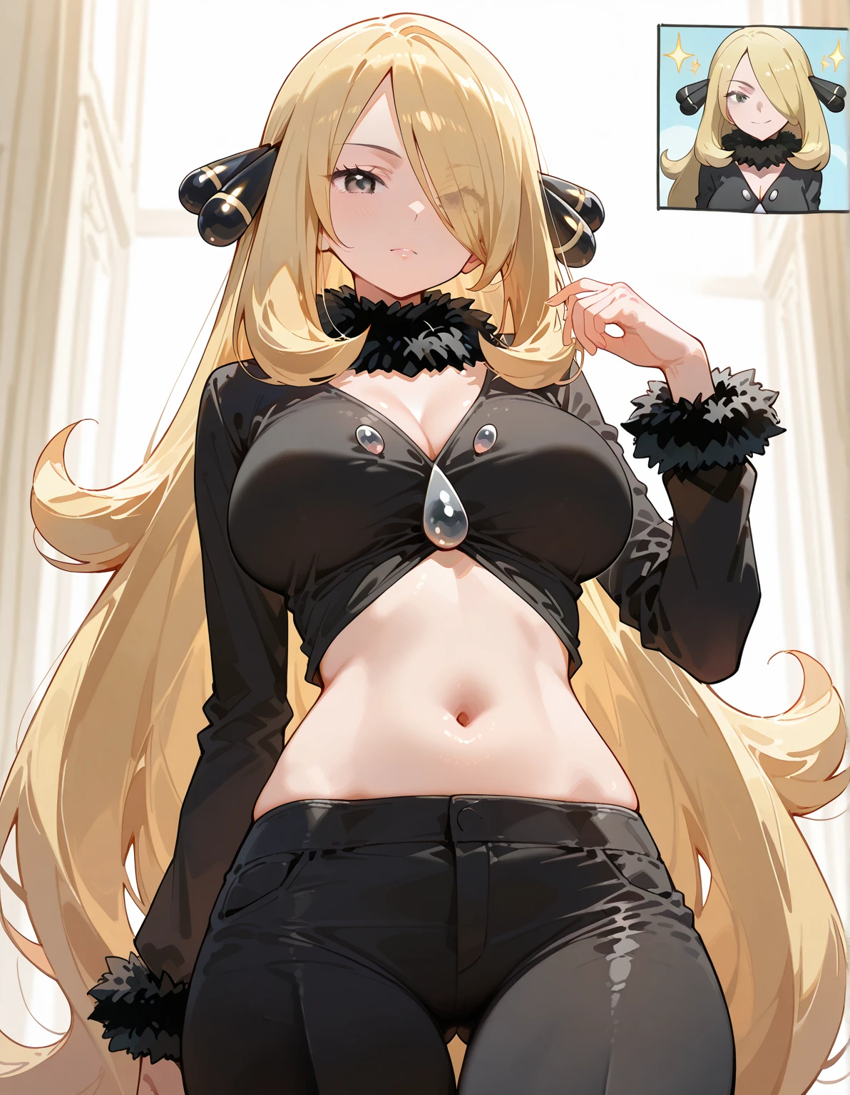 Beautiful 1girl, full body, solo, (very long waist length blonde hair, straight blonde hair: 1.28), ((light blue eyes)), clear skin, (large darker fox ears: 1.45), pale skin, medium breasts, cleavage, (thin hips, thin waist , athletic body: 1.25), background, looking away, revealing clothes, (wearing shear lacy bra & panties: 1.5), (arms behind head:1.7), 4k textures, soft light, elegant, highly detailed, sharp focus, soothing tones,