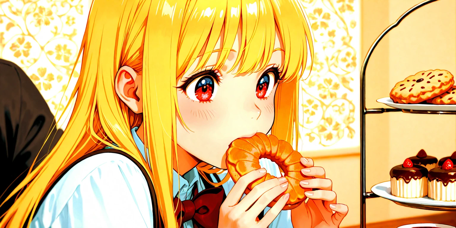 lemon、Biting into a lemon、sour face、kitagawa marin, 1girl, blonde hair, long hair, multicolored hair, red eyes, jewelry, earrings, piercing, black choker, UHD, retina, ccurate, masterpiece, anatomically correct, textured skin, super detail, high details, high quality, best quality, highres, 8k