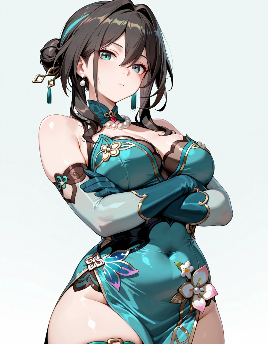 An anime-style artwork depicting ruan mei from the game Honkai star rail.

Tags: ruan mei, anime, detailed eyes, detailed lips, dress, smiling expression, intense gaze, glowing emblem on hand, dynamic pose, mystical background, vibrant colors, digital art, high-resolution, professional quality, gigantic breasts, cleavage, curvy, cowboy shot, gigantic breasts, green eyes