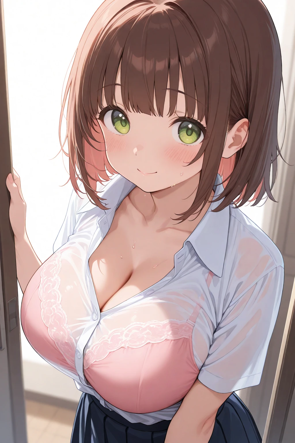masterpiece, Highest quality, Expressionless, 1 girl, 、(locker room、Change of clothes、Take off)、blush、((Miku Maekawa、Brown Hair、Green Eyes)) Remove your bra、 ((Sexy Underwear)) Big Breasts From above ((avert your eyes、Downward))、White collared shirt、Open shirt