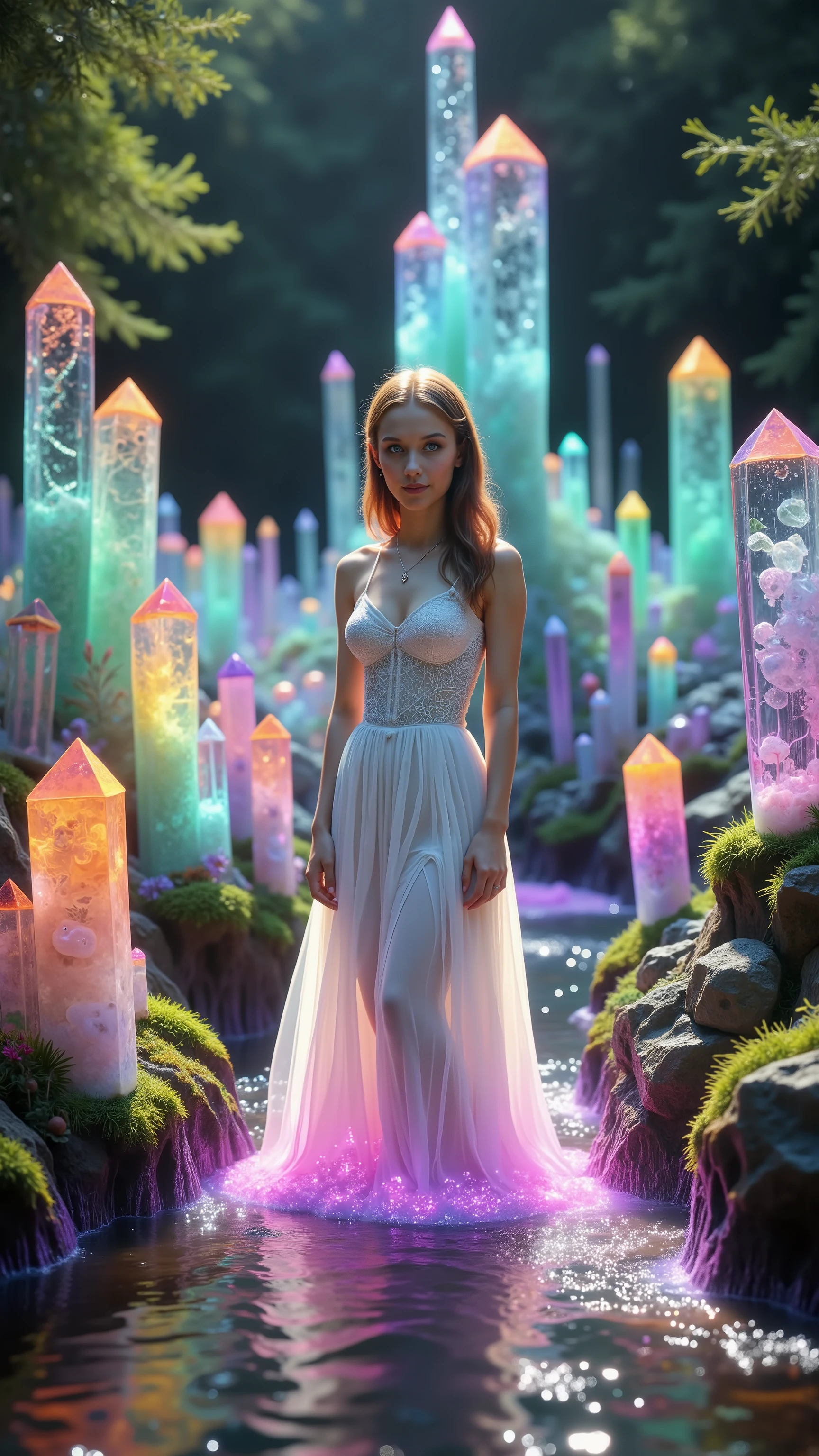 1girl, gorgeous European face, sparkling/glowing blue eyes, long eyelashes, long white dress, very large breasts, looking at viewer, small crucifix necklace. Hundreds of different colored quartz crystals 6 to 9 feet tall, Many hundreds of extremely large((taller than the girl))and thick crystal point formations, The translucent crystals are glowing a bright neon orange, electric blue, neon purple, neon pink, neon green, and neon yellow, color from inside of the quartz crystal points protruding from the edges of the stream, neon purple, bubbling stream water with extremely bright neon green bubbles and purple water glowing and fizzing colors at the edges. Lush jungle, Full sunlight, Breathtakingly beautiful, ultra-realistic, cinematic photography, cinematic portrait, cinematic lighting, portrait photography,photorealistic,ultra detailed,UHD,full focus,highest/best quality,award winning, spectacular,stunning, incredible,too cool for school, fantastic,Positive Energy,Constant Elevation, Masterpiece