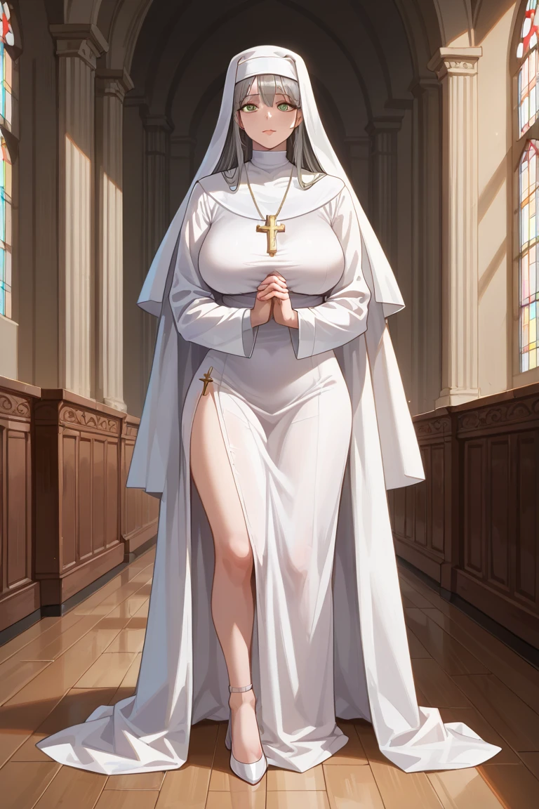 Slutty nun, black robe, cleavage, pale skin, medium body, (best quality, high resolution, extreme detail, outstanding composition, masterpiece:1.4), dark, partially illuminated, naked full body, show pussy, show tits, open pussy 
