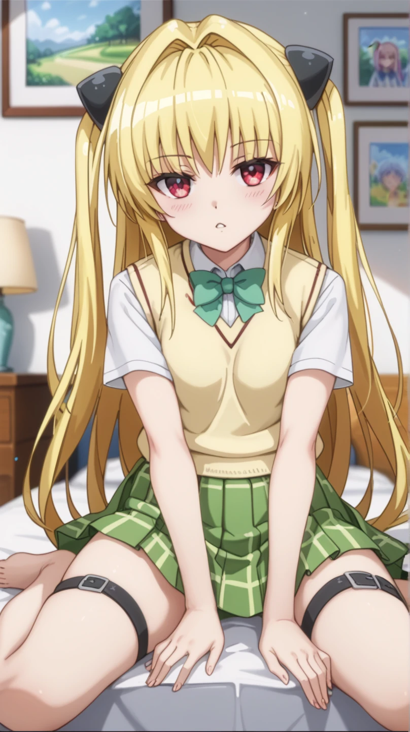 masterpiece, Highest quality, High resolution, Ayami, Very long hair, Both sides up, hair ornaments, , Green bow tie, White shirt, Sweater vest, Yellow vest, Short sleeve, Checked skirt, Green Skirt, Are standing, Cowboy Shot, smile, (((skirt lift))),(((Backwards)))(((Butt Show)))((Lying in bed))((White panties))((bukkake))