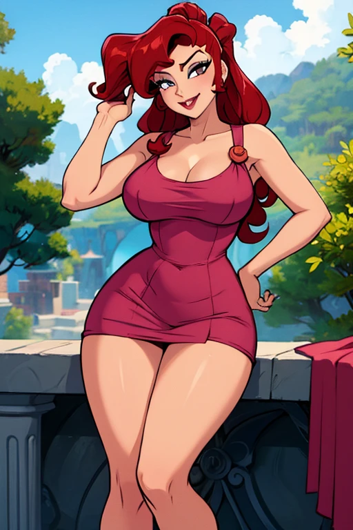 best quality, (masterpiece),(ultra-detailed), (high quality), (high resolution), ((2heads:1.5)), best quality:1.5, highres, UHD, 16K), two headed woman, smiling, highres, masterpiece, ((red hair)),cleavage, ((red dress)), lustrous and smooth skin, huge breasts, (mature woman), seductive silhouette, ((slim hips)), casual dress, sexy proportions, Beautiful girl with accentuated slender abs, long legs, seductive woman, party background, necklace, body con dress, strapless, sleeveless, green eyes, long hair