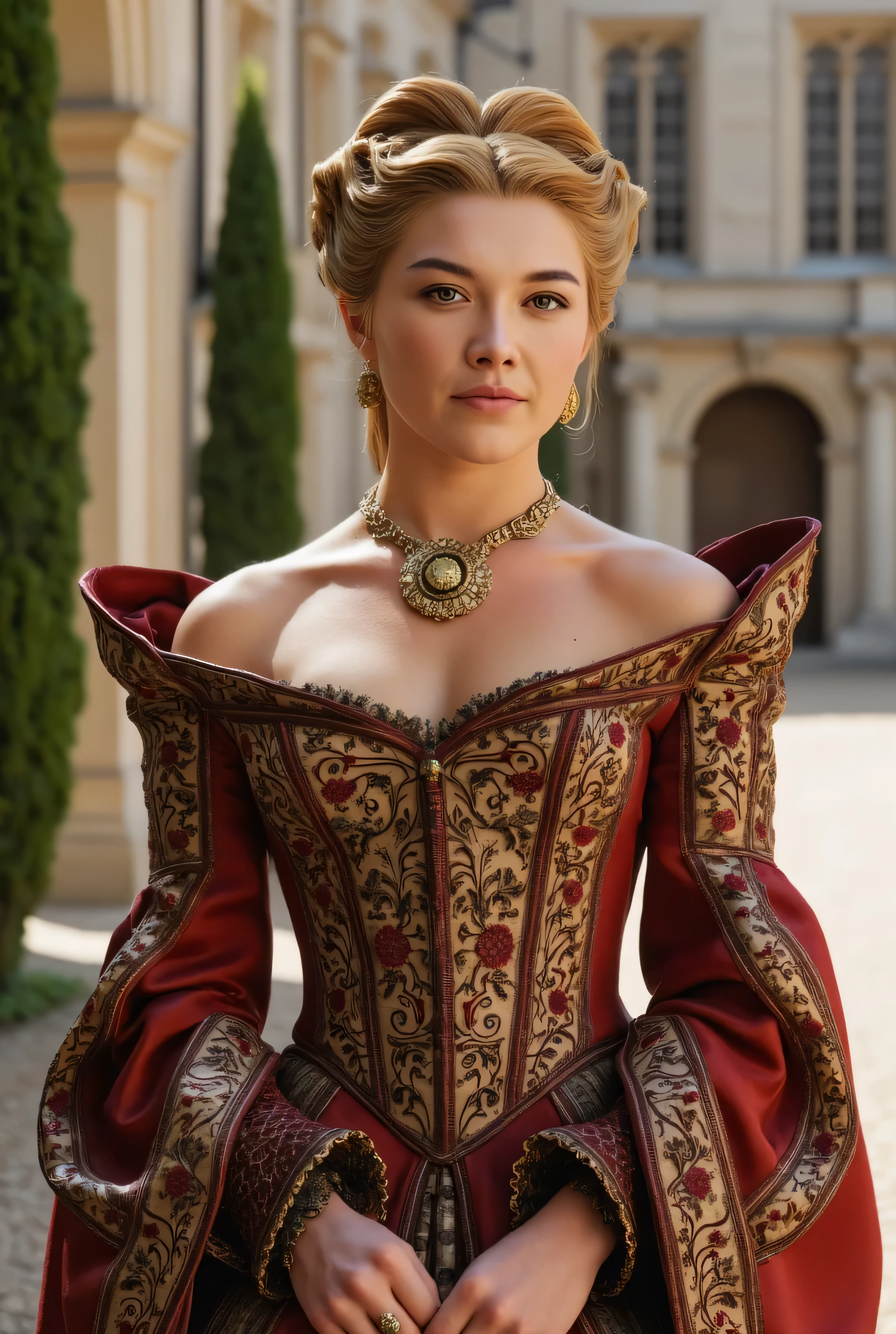 (RAW Photo, Best Quality), (Realistic, Photo Realistic: 1.3), Best Quality, Highly Detailed, Masterpiece, Hyperdetail, Realistic photo shot, realistic photo of a beautiful young queen , makeup, , brunette hair , (( 18th Century Vintage Medieval Evening Gowns Elegant Strapless Fairy Long Sleeve PaganMaxi Dresses)), medieval, royal Court yard of a castle, , (((full body))),