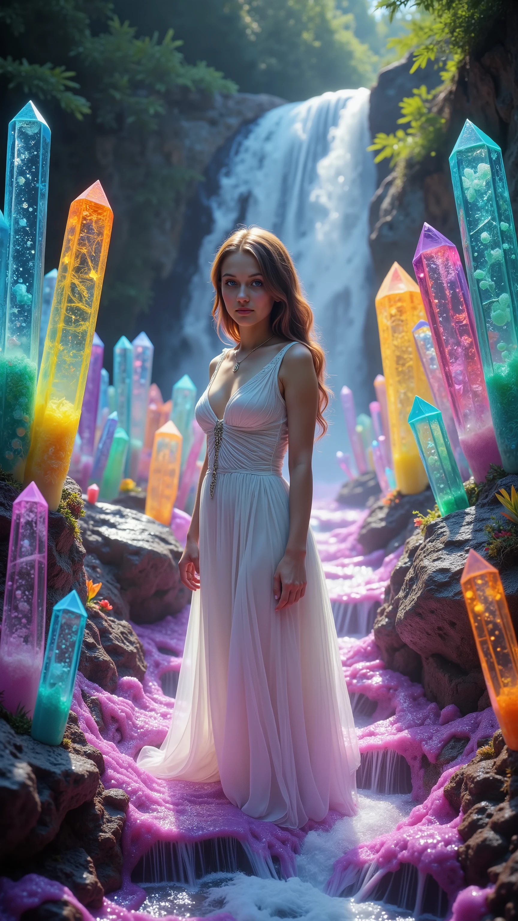 1girl, gorgeous European face, sparkling/glowing blue eyes, long eyelashes, long white dress, very large breasts, looking at viewer, small crucifix necklace. Hundreds of different colored quartz crystals 6 to 9 feet tall, Many hundreds of extremely large((taller than the girl))and thick crystal point formations, The translucent crystals are glowing a bright neon orange, electric blue, neon purple, neon pink, neon green, and neon yellow, color from inside of the quartz crystal points protruding from the edges of the stream, neon purple, bubbling stream water with extremely bright neon green bubbles and purple water glowing and fizzing colors at the edges. Lush jungle, Full sunlight, Breathtakingly beautiful, ultra-realistic, cinematic photography, cinematic portrait, cinematic lighting, portrait photography,photorealistic,ultra detailed,UHD,full focus,highest/best quality,award winning, spectacular,stunning, incredible,too cool for school, fantastic,Positive Energy,Constant Elevation, Masterpiece