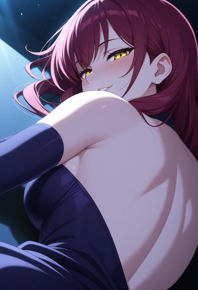 boku no hero academy style, original character, 1 girl, Idol, female UA uniform, long wavy brown hair with reddish gradient at the ends, golden slit eyes with star, yuei in the background, hero costume, sweet little face, open mouth smiling, peach lipstick, lilac eyeshadow with glitter, black gothic chocker neck accessory, black color blouse with long sleeves, gothic outfit, black shaded skirt with a dark belt with chains, in the background of the AU, white skin, beautiful and attractive, good body, prominent bust, wide hips, with powers of space, darkness and fire, sexy, sensual and dominant aura, seductive and challenging look, tsundere