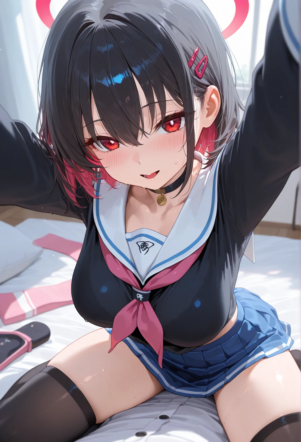 masterpiece, best quality, ultra-detailed, illustration,(1girl),beautiful detailed eyes, Sarada Uchiha, looking at viewer, close up, (breast focus), (arms behind back:1.2), (from above:1.1), small breasts, no bra (off shoulder:1.1), see through panties, radiant red eyes, no coat, random pantyhose, shiny eyes, ultra detail, sexy body, cleavage, clear panties, cameltoe, small breast, round bottom, seductive expression, sexual expression, out of breathe, tired, laying on wood floor, wet, dripping water, upskirt, Holding a private, wide open smile, drool, sucking, licking, saliva,