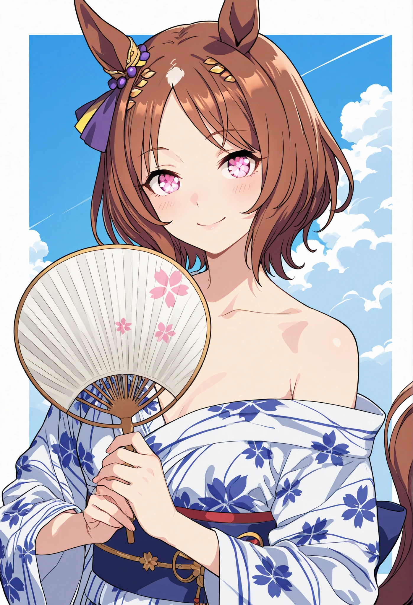{{{1woman:1.3}}}, ,{{{ Sakura Laurel:1.5,月桂樹のhair ornament,hair ornament,Flower-patterned eyes,flower-patterned eyes,Uma Musume:1.4,Horse Ears:1.4,Horse Tail,}}},{{{small breasts }}}{{{masterpiece}}},{{{top quality}}}, {{Super Detailed}}, {{very delicate and beautiful}}}, {{{8k}}},{{{sketch:1.3}}},{{{flat color:0.6}}},{{{type-moon:1.5},{{{face focus:1.4}},{{{sexy pose}},,{{{simple back ground}}},{{{sexy pose,dynamic pose}}}{{{smile}}} }{{{batch:1.5}}}{{{face focus}}},{{{flat color:0.6}}}\(umamusume\),clean lighting, front-facing, neutral background, realistic anime style, upper body portrait,{{{white yukata,Off-the-shoulder yukata,shoulder off:1.4}}},hold a fan in your hand,Blue Sky,Summer Clouds, sunshine