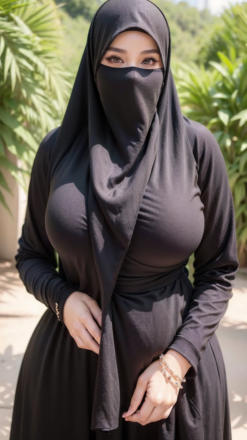 8K, high quality, nice lighting, soft lighting, detail fingers, perfect hand, realistic, dark eyes, sexy, big breasts, thighs, wide hips, muscular, malaysia, black dress, long sleeves, Jewelry, sexy lady, asian, hijab, niqab, sexy pose, showing big thighs, nice body, natural largest breast, wearing wedding rings, hand sock, office girl, mature big body, outdoor, sexy posing