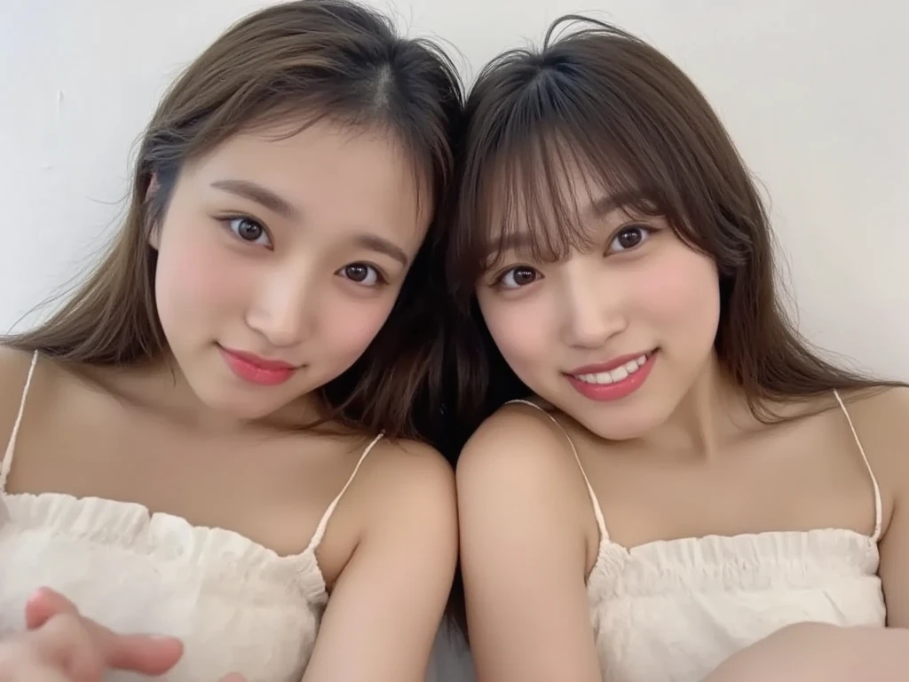 (realistic、masterpiece、Best Quality、8K、highres、high resolution:1.3)、((2 girls:1.3))、twin sisters, Huge breasts、smile, white bikini、pale white skin、looking at viewers、super fine face and eyes、long hair、indoor、 upper body、