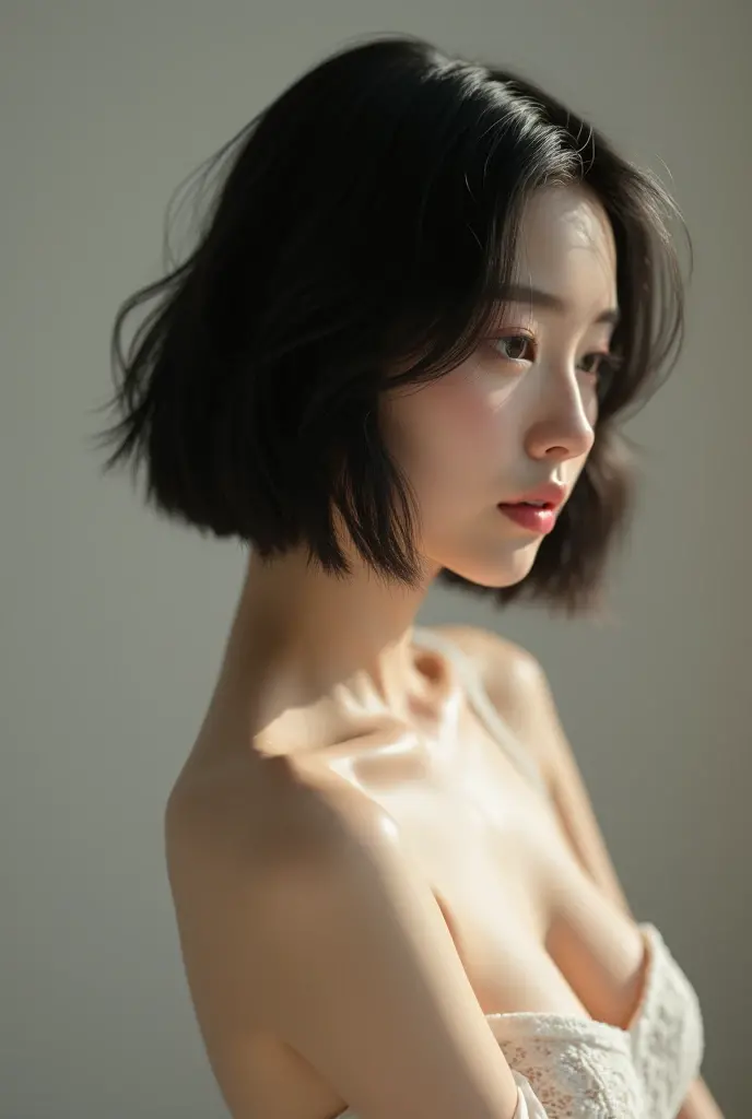 Artistic naked girl , cover of a magazine ,独奏, high resolution, shorth hair, cloused mouth, lateral view, motion lines, precise, Masterpiece artwork, best qualityer, HD Model, slightly separated lips, simple background, cinematrographic, ass pov