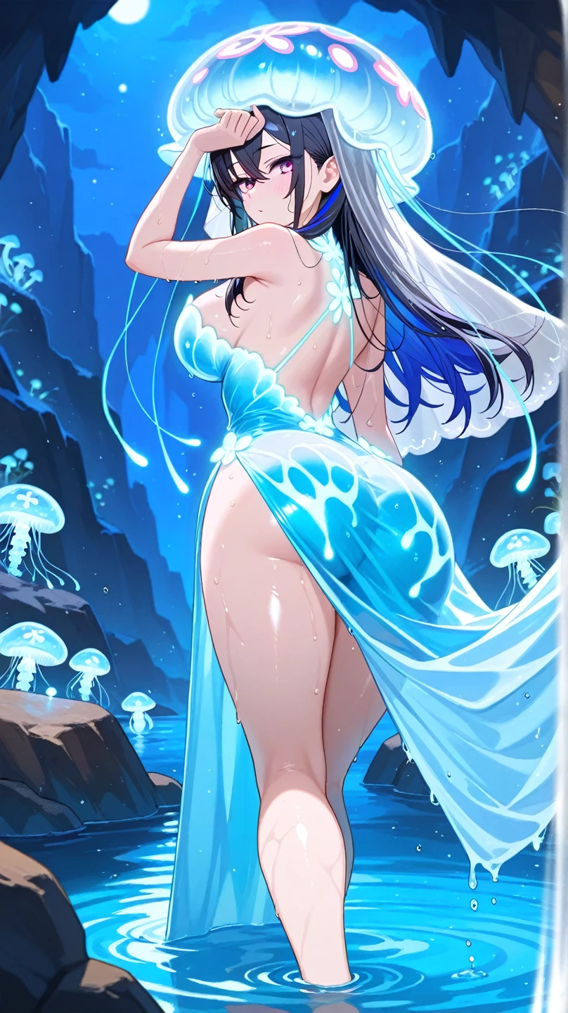 Cute girl , sitting, picture only dark blue and white, vulva reveal, colorless skin color, white skin color, girl, dark blue, long straight hair, dark blue hair, hot, vulva reveal, full character, hot, cute eyes, big eyes, big black pupils, cute big pupils, vulva reveal, blue liquid came out vulva dripping, dark blue vulva, hot dripping liquid comes out of her, vulva, hot, dark blue hair, non clothed vulva