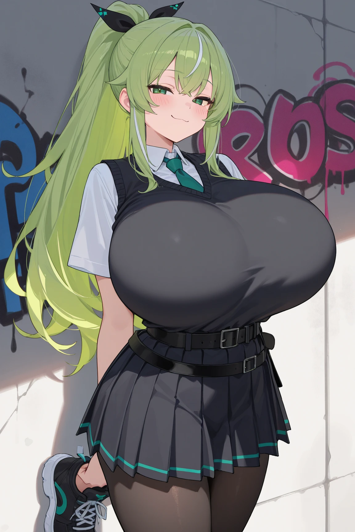 ((highly detailed)), ((nikke)), ((soda: 1.2)), perfect human hands, (great breast:1.1),masterpiece, best quality, ultra-detailed, glistening shiny, glowing light, ray tracing, HDR, deph of field, (perfect face, detailed face, detailed eyes,perfect hands,perfect fingeredium :1.2),8k,HD,ultra realistic face,ray tracing,perfect lighting,best quality, ultra-detailed, shiny eyes, ( smile:1.1), ((1girl:1.2)),cowboy shot,thicc,streaked_hair,((green gradient hair)),multicolored eyes, gradient eyes, red eyes, (glowing eyes:1.5), mascara, (fashion make up), (parted lips,blush, detailed face, (((cheerleader))), stadium , (((morning:1.4))), dark blue sky),((super detailed background)),((super detailed background)), dynamic poses, ((8k wallpaper)), (mature female), black thighhighs, gigantic sagging breast, (((lifting up skirt:1.4))), (((cheerleader outfit))), (((pom poms in hands:1.2))), (((pepper inside a stadium))), (((cheerleader shirt:1.2))), (((cheerleader t-shirt))), (((mini skirt: 1.3))), (((white panties))), (((jumping:1.4)))