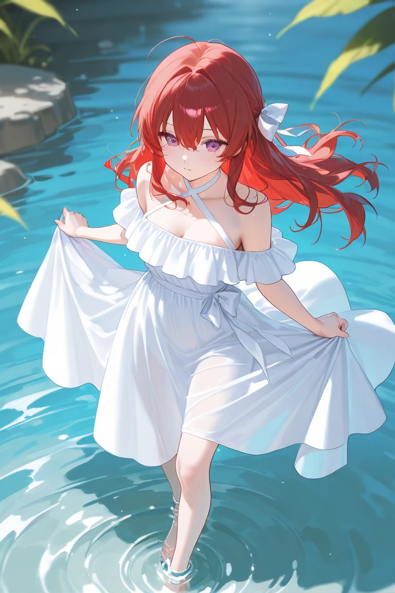 1girl, solo, erza scarlet, fairy tail, red hair, brown eyes, dress, long hair, breasts, underwater, cleavage, bubble, white dress, air bubble, jewelry, large breasts, earrings,full body