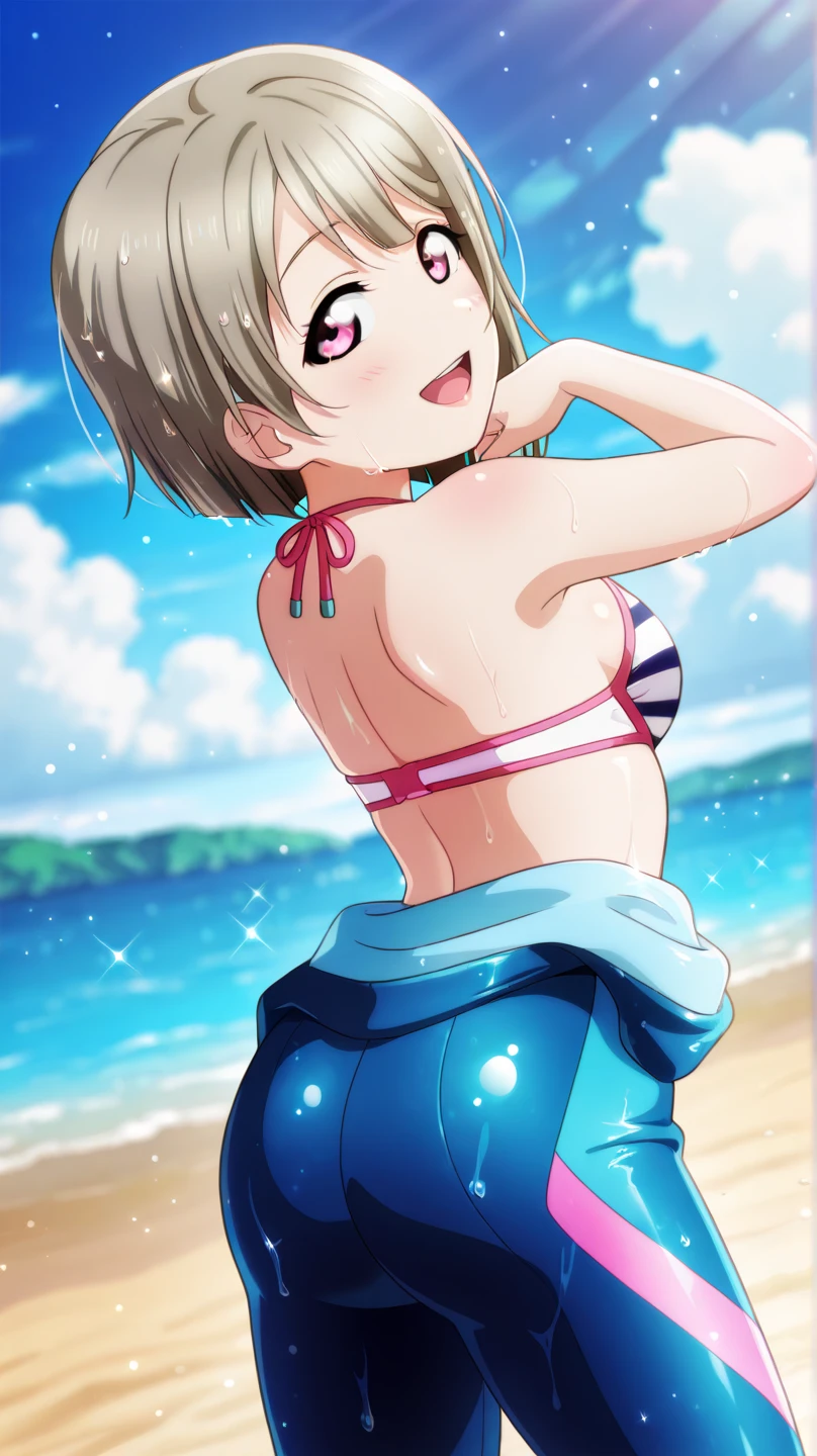 Highest quality, masterpiece, Ultra-high resolution, 8K, Show anime style , One, Soft Line Art, Digital Enhancement, shojo anime touch, shojo manga core, Flowing fabric, close, Soft Drawing, Ultra High Definition Digital Anime Art, Clear facial depiction, Highly detailed girl manga character art, Ultra-detailed manga style, Highest qualityの色, (Short brown hair)), Staring at us from the front, Beautiful brown hair, Clear brown eyes, A little chubby,Small breasts,Small butt,(((Teasing Smile)) 、Sexy pink bikini swimsuit、Midsummer Sunshine,Sandy Beach,I put my hands over my eyes because of the glare