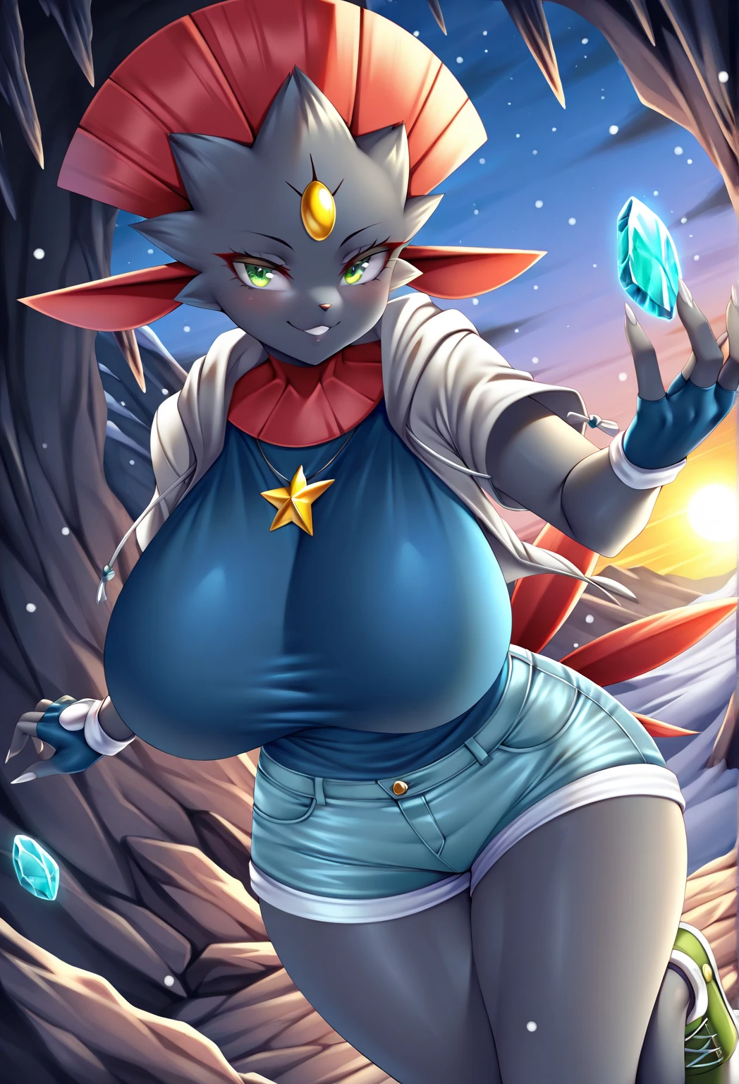 best quality,ultra detailed,solo,score_9, score_8_up, score_7_up, score_6_up, score_5_up, score_4_up, source_anime, 1girl, clara, blue hair, hair tubes, grey eyes, big breasts, sexy pose, (front view,portrait),full body, sitting on lava,heavenly ass, heavenly breasts, big ass, no shoes, wearing black heels, smile, cute, face, long legs, tight bodysuit, naked, half-closed eyes, touching own breasts