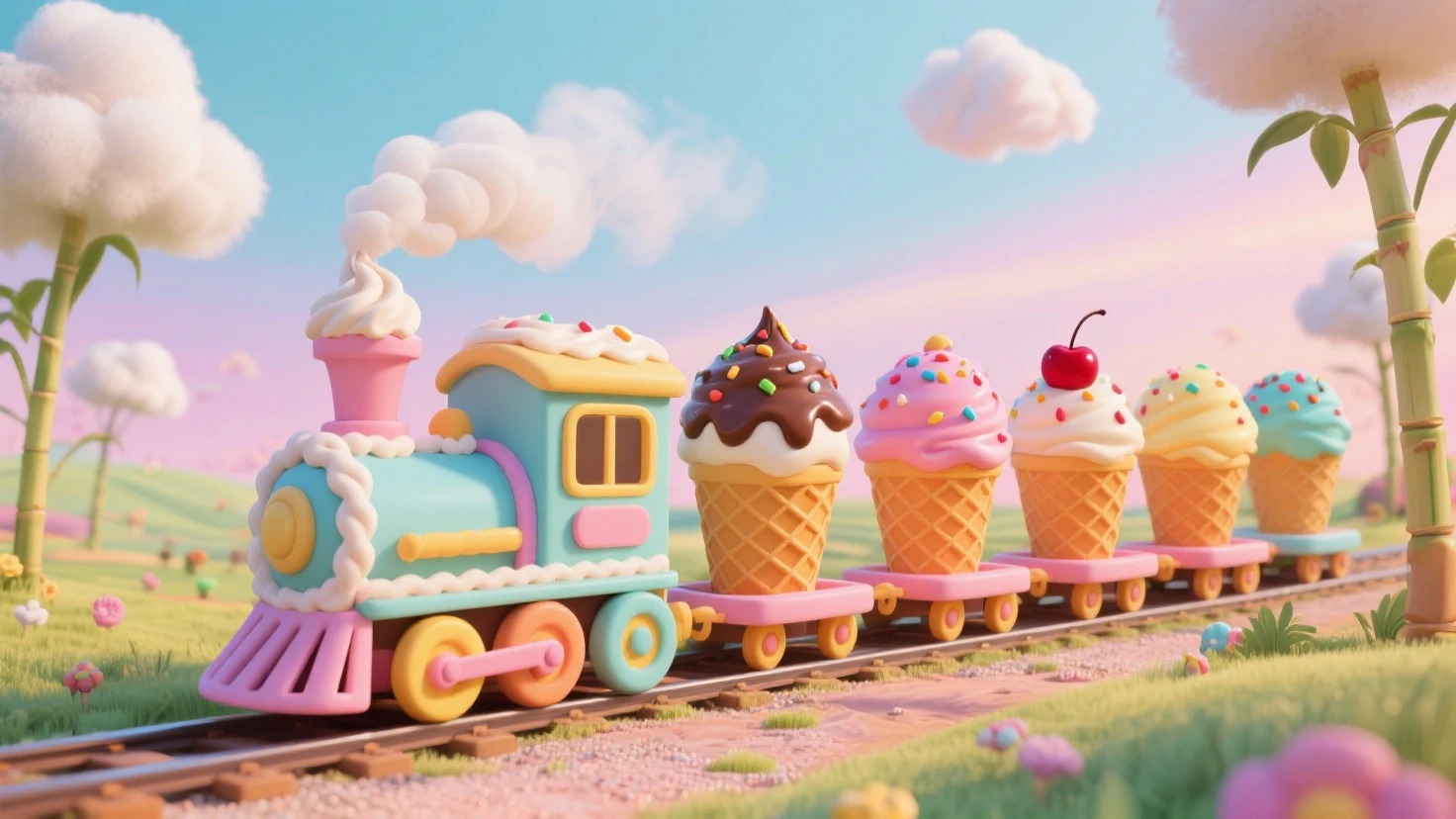 "A miniature, hyper-realistic train made entirely of ice cream, elegantly served on a white ceramic plate in a fine-dining restaurant setting. Each train car is crafted from scoops of creamy ice cream in different flavors — chocolate, vanilla, strawberry — with waffle cone panels, chocolate cookie wheels, and syrup drizzles. The engine features a tiny chimney puffing whipped cream like steam. The plate is artistically garnished with fresh berries, mint leaves, and sprinkles. Presented on a wooden table with a fork and spoon beside it, in a softly lit restaurant ambiance with blurred background bokeh. Photorealistic, shallow depth of field, macro food photography style."