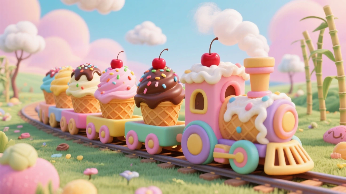 "A miniature, hyper-realistic train made entirely of ice cream, elegantly served on a white ceramic plate in a fine-dining restaurant setting. Each train car is crafted from scoops of creamy ice cream in different flavors — chocolate, vanilla, strawberry — with waffle cone panels, chocolate cookie wheels, and syrup drizzles. The engine features a tiny chimney puffing whipped cream like steam. The plate is artistically garnished with fresh berries, mint leaves, and sprinkles. Presented on a wooden table with a fork and spoon beside it, in a softly lit restaurant ambiance with blurred background bokeh. Photorealistic, shallow depth of field, macro food photography style."