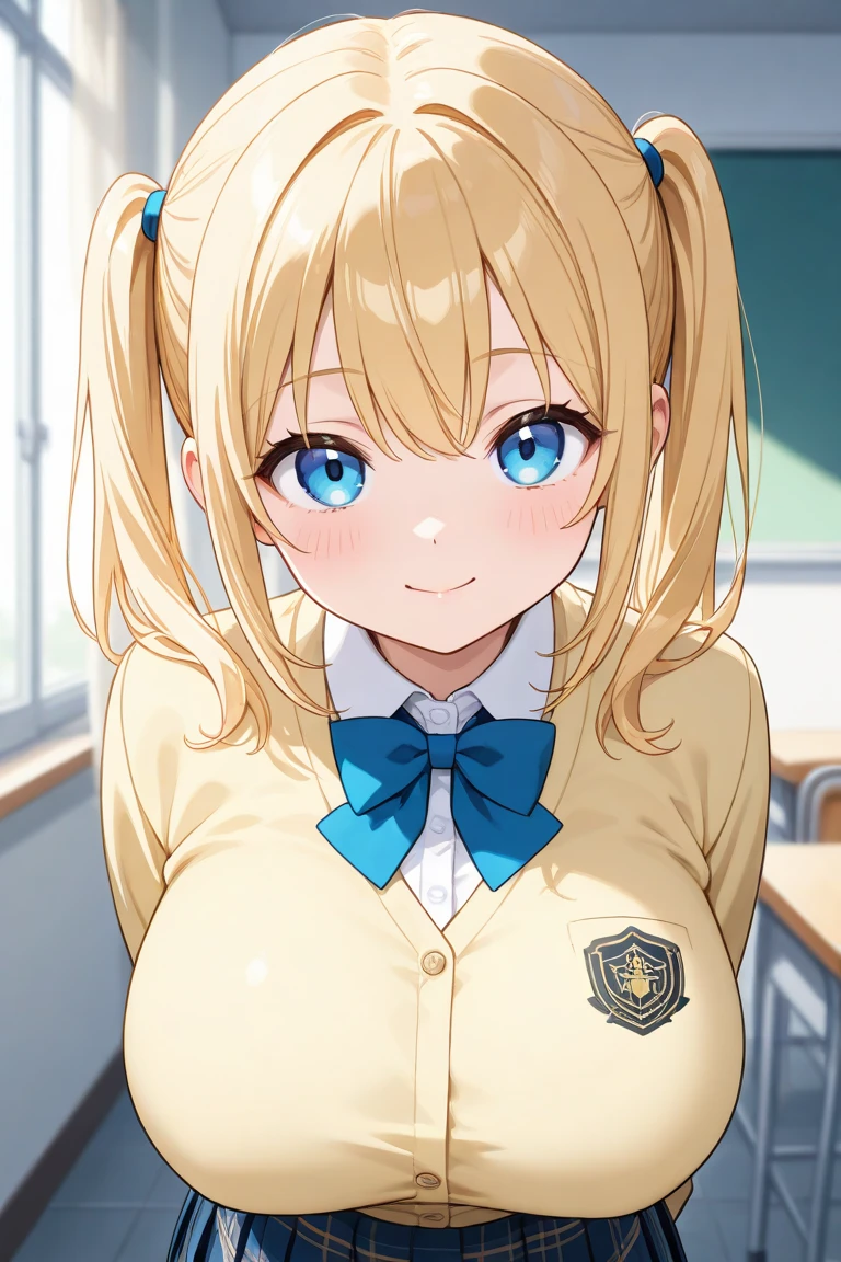 <lora:hairtube2:0.6>, (hair tubes), lips, school uniform, huge breasts, <lora:tworship:0.6>, indoors, classroom, blonde hair, bowtie, brown eyes, smile