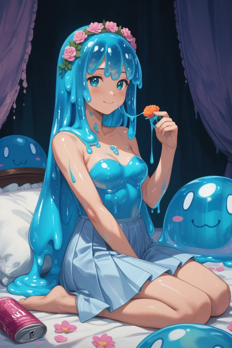 masterpiece, best quality, high quality, beautiful anime character, solo, anime girl with blue jelly hair, slime hair, long slimy hair, bangs, blue eyes, big breasts, mature slime female, tall slime female, big slime girl, thick, (naughty face, mischievous smile, loving eyes), indoors, ((slime girl, entire body made of slime, transparent blue jelly body, blue-skinned slime girl, blue skin, jelly skin)), (girl made of blue slime)), (school uniform, pleated skirt), 