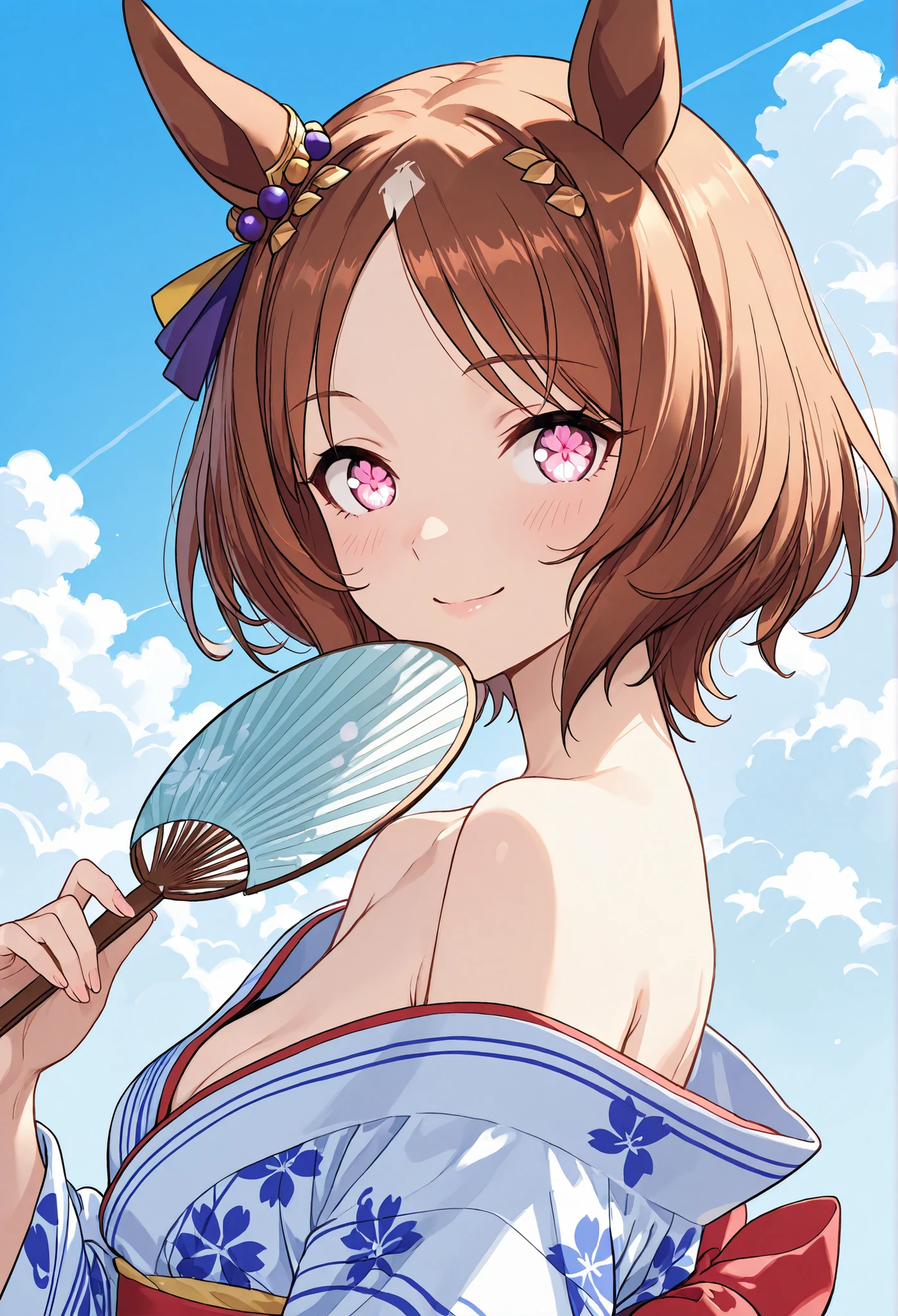 {{{1woman:1.3}}}, ,{{{ Sakura Laurel:1.5,月桂樹のhair ornament,hair ornament,Flower-patterned eyes,flower-patterned eyes,Uma Musume:1.4,Horse Ears:1.4,Horse Tail,}}},{{{small breasts }}}{{{masterpiece}}},{{{top quality}}}, {{Super Detailed}}, {{very delicate and beautiful}}}, {{{8k}}},{{{sketch:0.8}}},{{{flat color:0.6}}},{{{type-moon:1.5},{{{face focus:1.4}},{{{sexy pose}},,{{{simple back ground}}},{{{sexy pose,dynamic pose}}}{{{smile}}} }{{{batch:1.5}}}{{{face focus}}},{{{flat color:0.6}}}\(umamusume\),clean lighting, front-facing, neutral background, realistic anime style, upper body portrait,{{{white yukata,Off-the-shoulder yukata,shoulder off:1.4}}},hold a fan in your hand,Blue Sky,Summer Clouds, sunshine