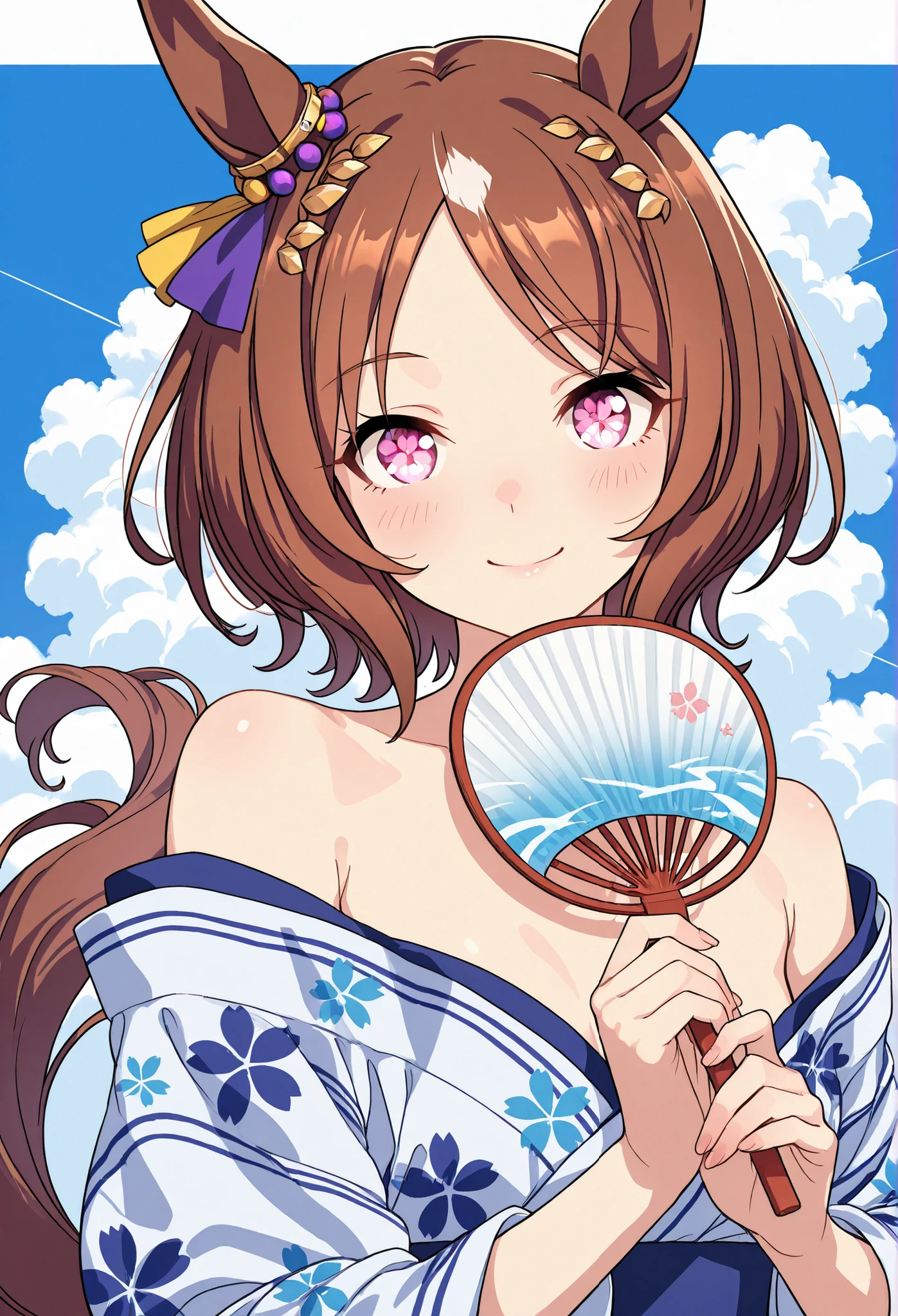 {{{1woman:1.3}}}, ,{{{ Sakura Laurel:1.5,月桂樹のhair ornament,hair ornament,Flower-patterned eyes,flower-patterned eyes,Uma Musume:1.4,Horse Ears:1.4,Horse Tail,}}},{{{small breasts }}}{{{masterpiece}}},{{{top quality}}}, {{Super Detailed}}, {{very delicate and beautiful}}}, {{{8k}}},{{{sketch:0.8}}},{{{flat color:0.6}}},{{{type-moon:1.5},{{{face focus:1.4}},{{{sexy pose}},,{{{simple back ground}}},{{{sexy pose,dynamic pose}}}{{{smile}}} }{{{batch:1.5}}}{{{face focus}}},{{{flat color:0.6}}}\(umamusume\),clean lighting, front-facing, neutral background, realistic anime style, upper body portrait,{{{white yukata,Off-the-shoulder yukata,shoulder off:1.4}}},hold a fan in your hand,Blue Sky,Summer Clouds, sunshine