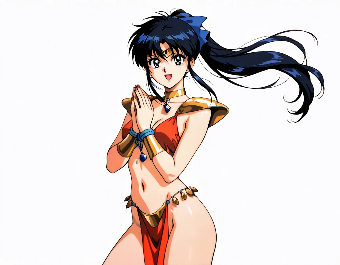 ranma1/2-shampoo, Toned body, Her figure is slim and well proportioned., thin waist medium breasts ,indigo hair, cabello Smooth and silky largo y suelto hasta la cintura, created by Rumiko Takahashi. front loose strands, double bun, fringe, medium breasts, pose sensual, very large and expressive red eyes perfectly detailed, I want Shampoo to have a friendly, smiling expression., The nose is small and straight, strands that are slightly wavy at the ends Please, draw Shampoo&#39;s hair from the anime Ranma ½. Her hair is long and dark purple., Smooth and silky, with wavy locks at the ends. Hair falls back from his forehead and extends below his shoulders. Besides, It is collected in two side pigtails with red ribbons. Shampoo&#39;s eyes are large and expressive almond-shaped with long and defined eyelashes..