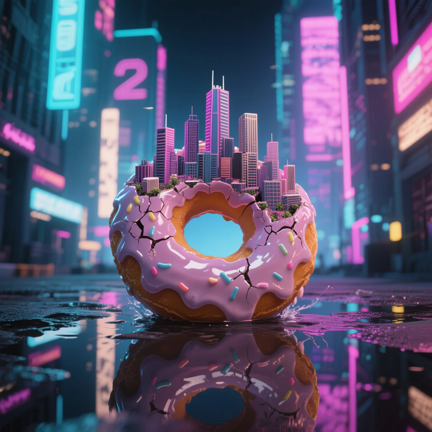 "Immersed in a cyberpunk-inspired, neon-drenched world, captivated by the surreal sight of a donut-shaped planet dominating the sky, filled with mesmerizing digital artistry."