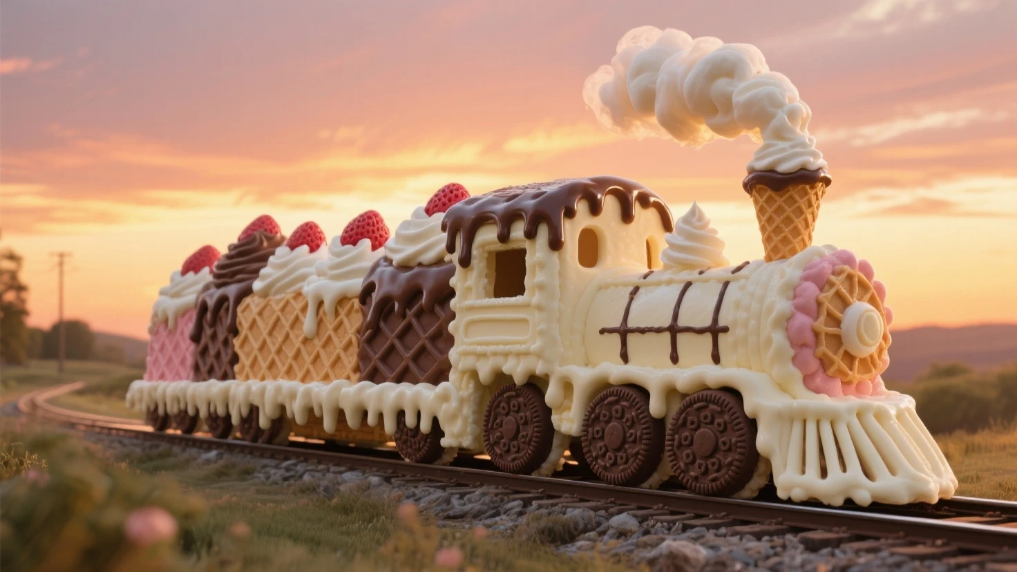"A miniature, hyper-realistic train made entirely of ice cream, elegantly served on a white ceramic plate in a fine-dining restaurant setting. Each train car is crafted from scoops of creamy ice cream in different flavors — chocolate, vanilla, strawberry — with waffle cone panels, chocolate cookie wheels, and syrup drizzles. The engine features a tiny chimney puffing whipped cream like steam. The plate is artistically garnished with fresh berries, mint leaves, and sprinkles. Presented on a wooden table with a fork and spoon beside it, in a softly lit restaurant ambiance with blurred background bokeh. Photorealistic, shallow depth of field, macro food photography style."