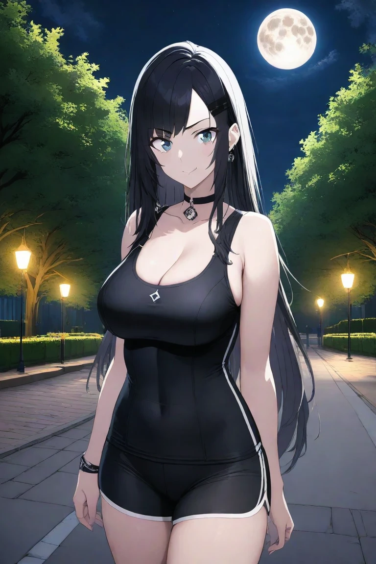 (masterpiece), 1girl, solo, standing in a forest, arrogant face, looking at viewer, front, big breasts, front, cleavage, Mirai, short girl, eyepatch, hand on waist, evil smile