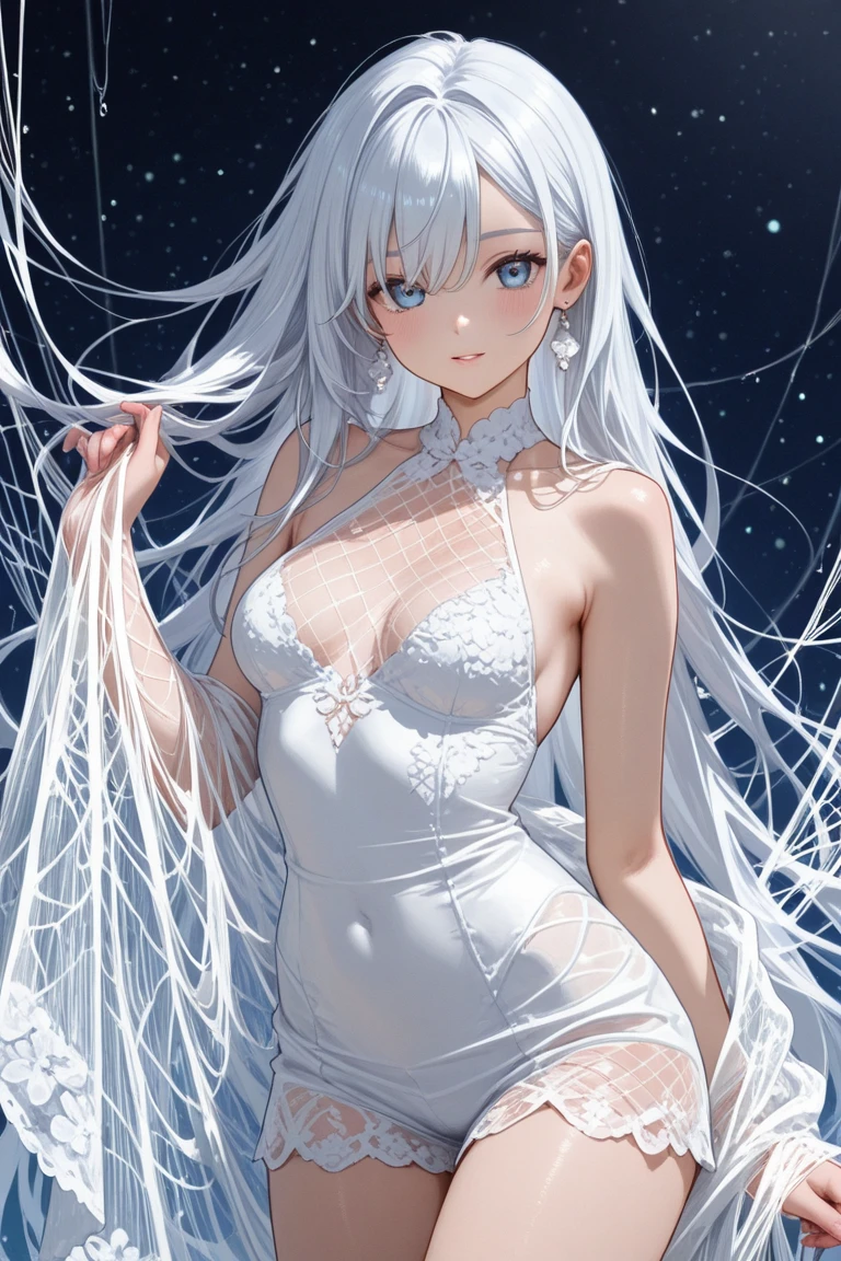 character, higth tall adult beautiful, hotWoman boss witch, peach skin, shinny marks on body, eyes blue, white eyelashes long wavy white hair, white luxury clothes, horror anime, bright snow forest