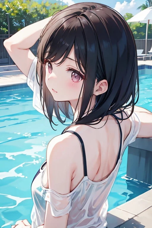 Random pose、Black Hair、Small breasts、ランダムなSwimwear、花柄のSwimwear、Red ribbon、Pale red eyes、classroom、Blushing、Embarrassed expression、Swimwear、masterpiece, best quality, 1 girl, 独奏, large breasts, brown eyes, parted bangs, gray hair, shaggy cut hair, competitive swimsuit, pool, (wet:1.1), water drops, ass povpinch, hand on pussy, cleft of venus, pussy, looking at viewer, spread legs, ass pov, ass pov hand, arms up, arms behind head, from above